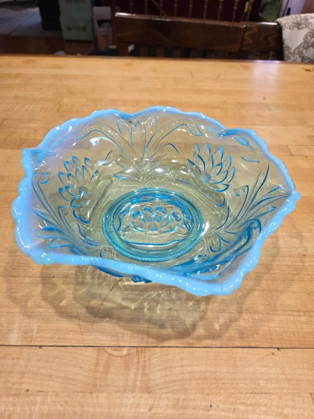 Antique Fenton Water Lily and Cattails Blue Opalescent Glass Bowl 9 Inch